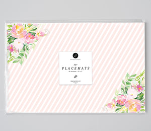 Stripe Blush Pink Paper Place Mats with corner floral designs by Digibuddha