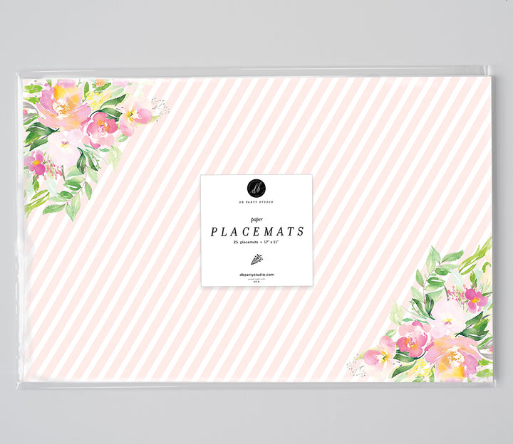 Stripe Blush Pink Paper Place Mats with corner floral designs by Digibuddha