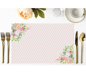 Stripe Blush Pink Paper Place Mats with corner flower designs by Digibuddha