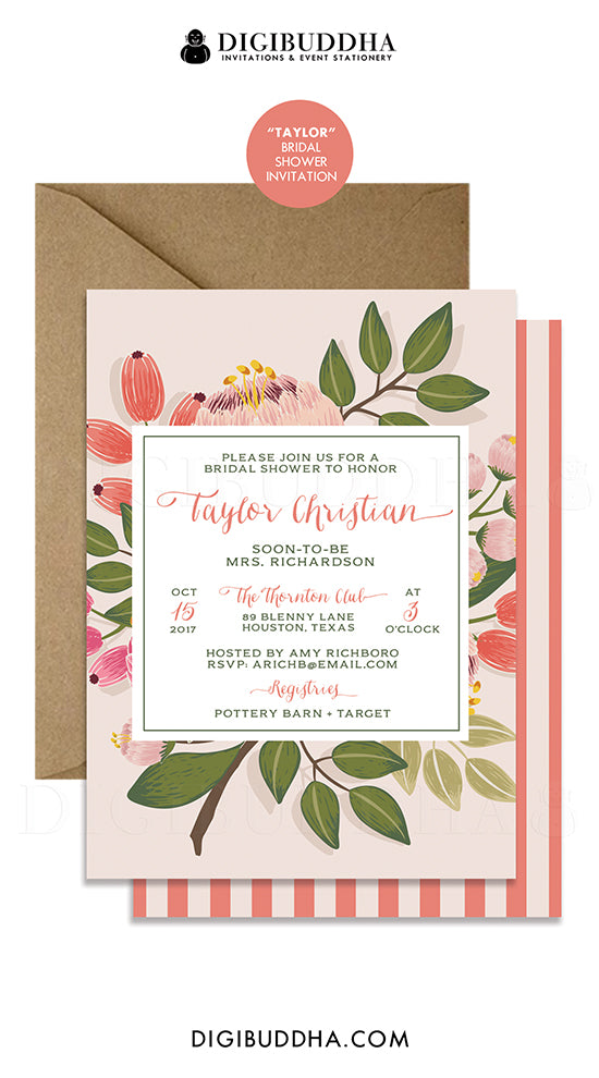 Blush pink spring bridal shower invitations with realistic florals, modern design for a garden party theme, by Digibuddha.