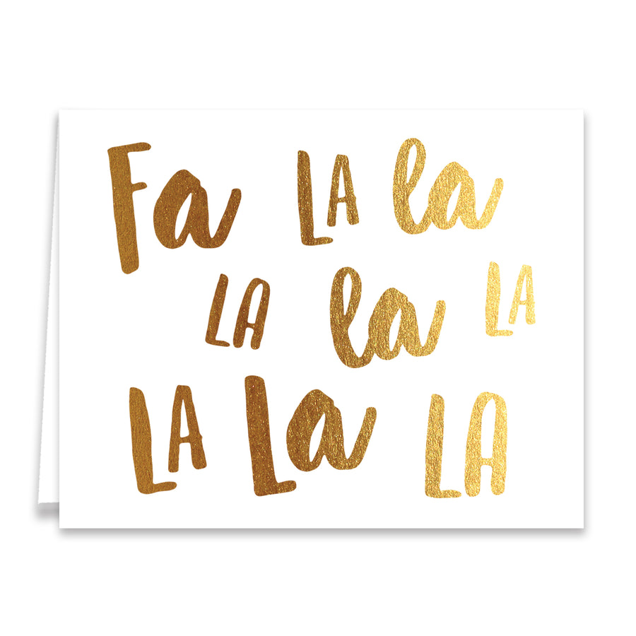 Fa La La Christmas Carol Gold Holiday Cards, chic white and gold design, modern, festive, by Digibuddha.
