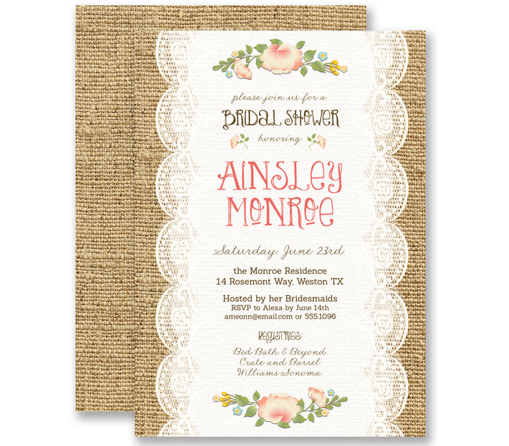 Rustic country lace and burlap bridal shower invitation, perfect for a vintage, classy, and southern charm themed shower.