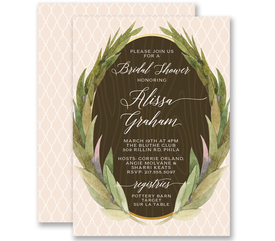Elegant oval wreath rustic bridal shower invitations with greenery, wood-like design, for a farmhouse bride, by Digibuddha.