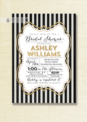 Glitter Accents + Black Stripes Bridal Shower Invitations by Digibuddha, perfect for a chic, glam, and modern celebration.