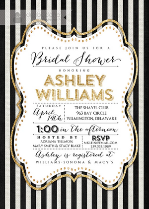 Glitter Accents + Black Stripes Bridal Shower Invitations by Digibuddha, perfect for a chic, glam, and modern celebration.