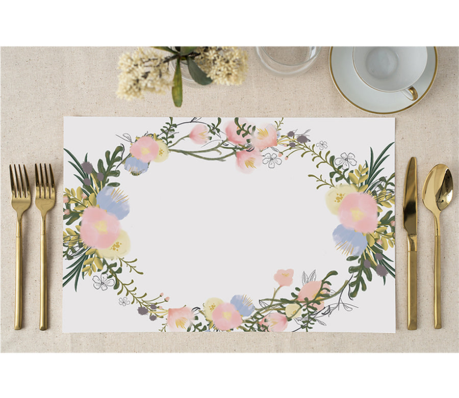 floral boho paper placemats with green garland design by Digibuddha