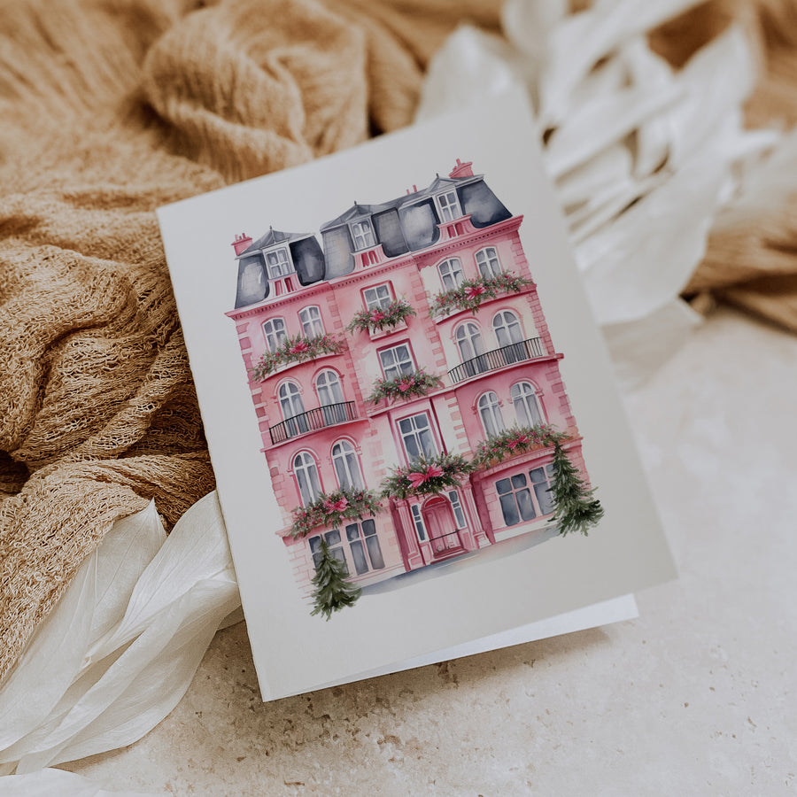 Pink Christmas House Folded Holiday Cards