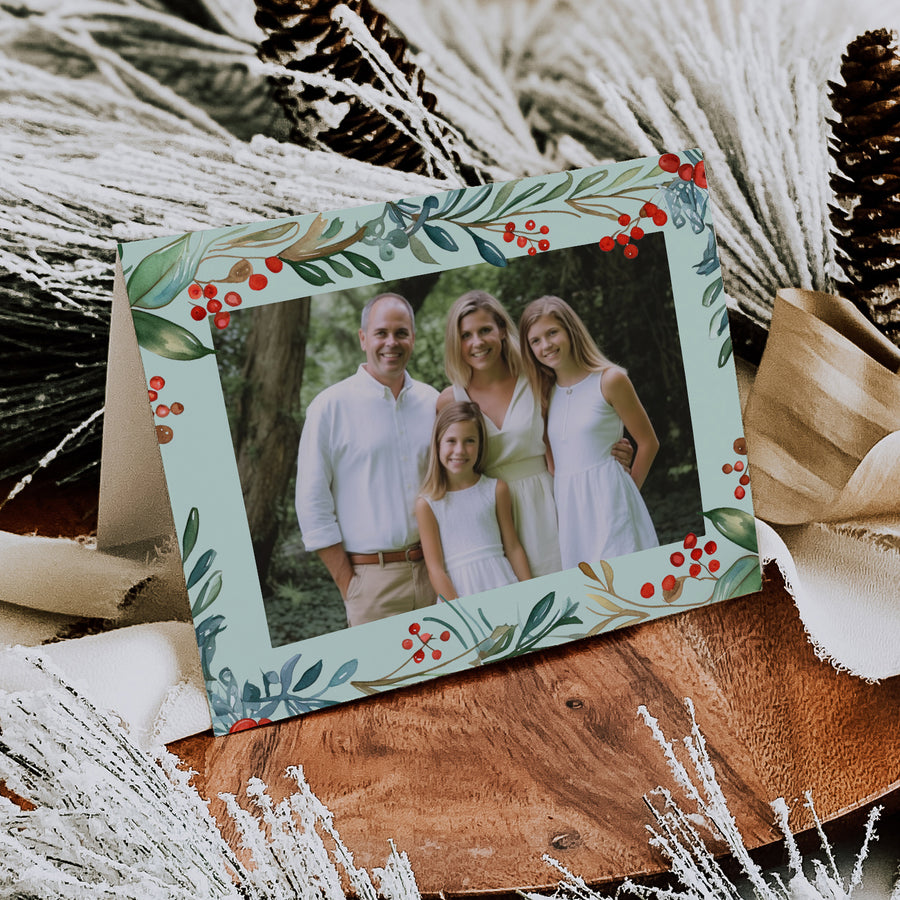 Christmas Holly Berries Frame Folded Holiday Cards