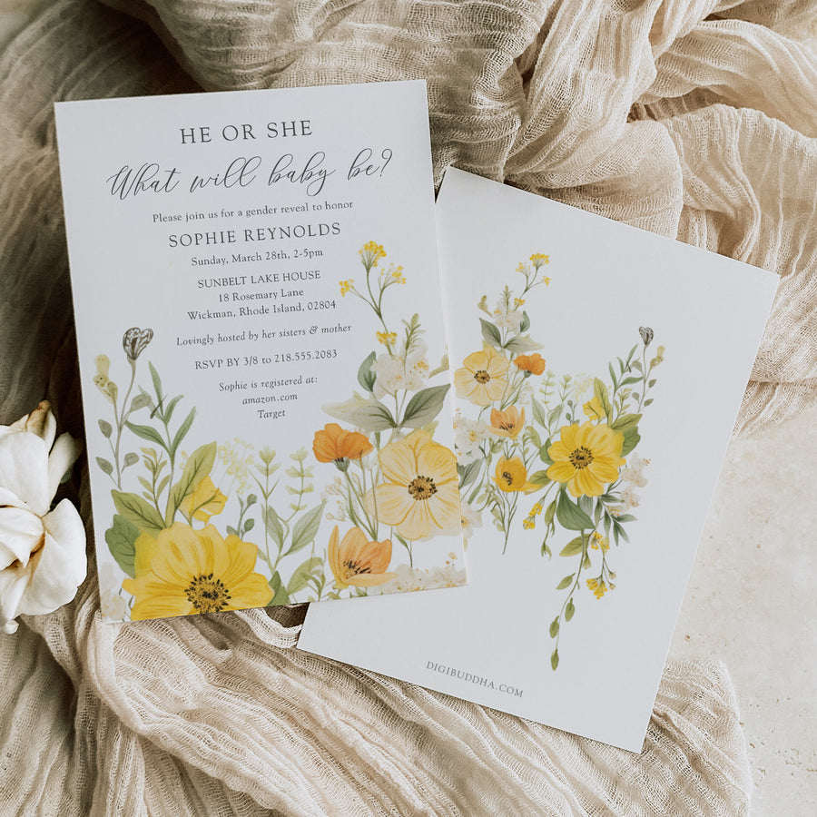 Gender neutral gender reveal party invitation featuring wildflowers in pastel yellow and sage green, asking 'he or she what will it be?