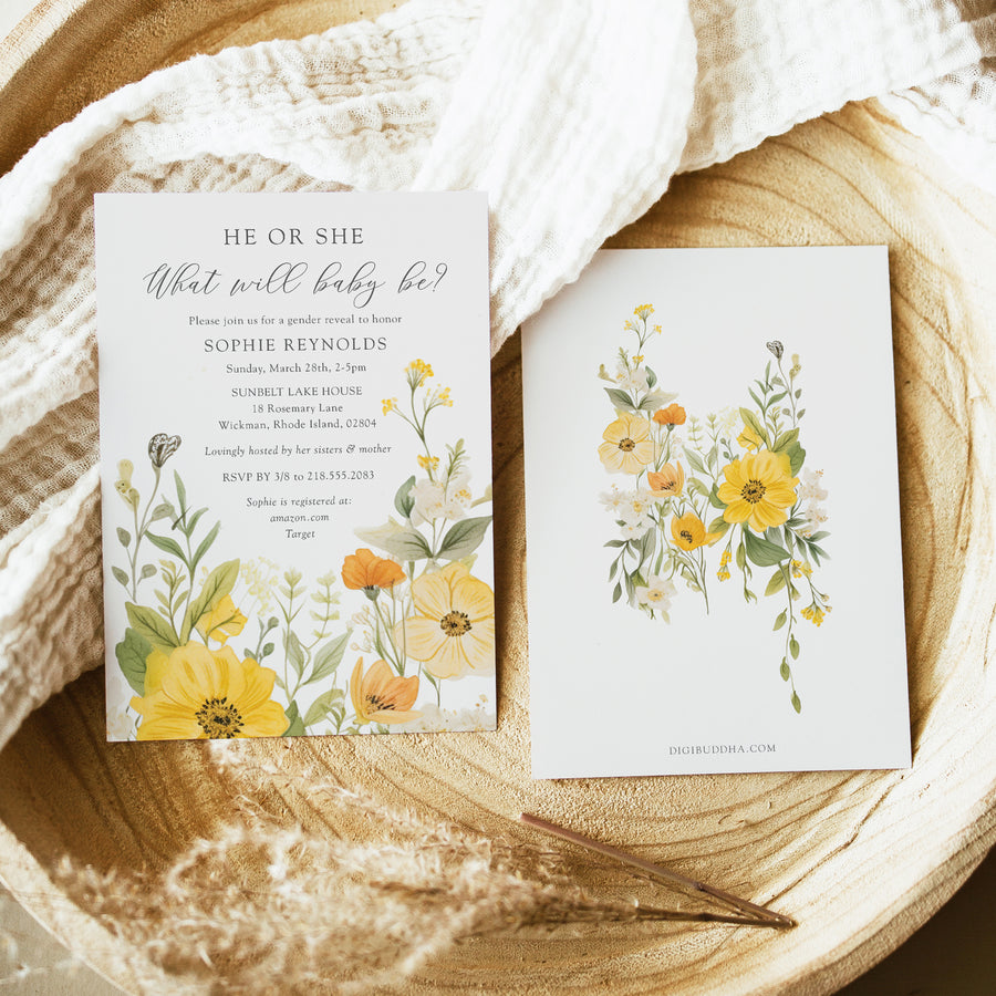 Gender neutral gender reveal party invitation featuring wildflowers in pastel yellow and sage green, asking 'he or she what will it be?