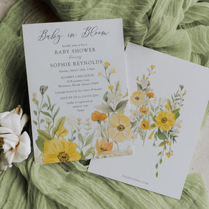 Baby in bloom shower invitation featuring yellow wildflowers, pastel hues, and sage green accents for a whimsical, gender-neutral celebration.