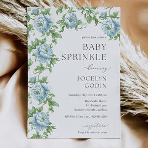 Elegant baby sprinkle invitation with floral and botanical designs in French blue and Charleston blue, perfect for a garden party themed baby shower.