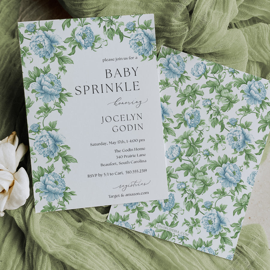 Elegant baby sprinkle invitation with floral and botanical designs in French blue and Charleston blue, perfect for a garden party themed baby shower.