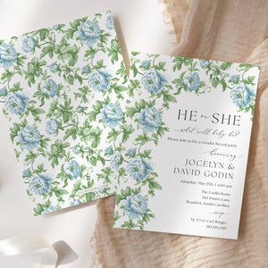 Gender reveal party invitation featuring French blue floral and sage greenery design, asking 'he or she what will baby be?' for a southern theme garden party reveal chinoiserie french blue charleston blue floral
