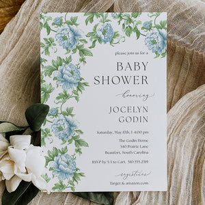 Green blue toile baby shower invitation with French blue florals, greenery, and Charleston blue elegance, embodying preppy and vintage charm.
