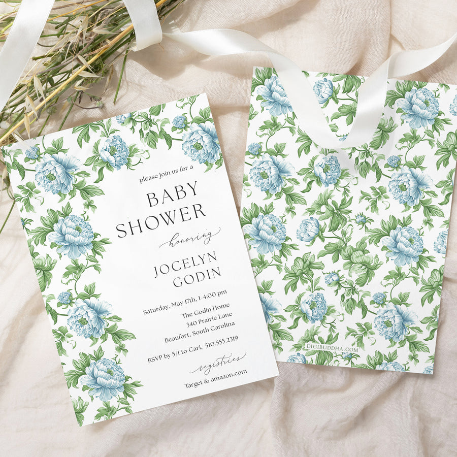 Green blue toile baby shower invitation with French blue florals, greenery, and Charleston blue elegance, embodying preppy and vintage charm.
