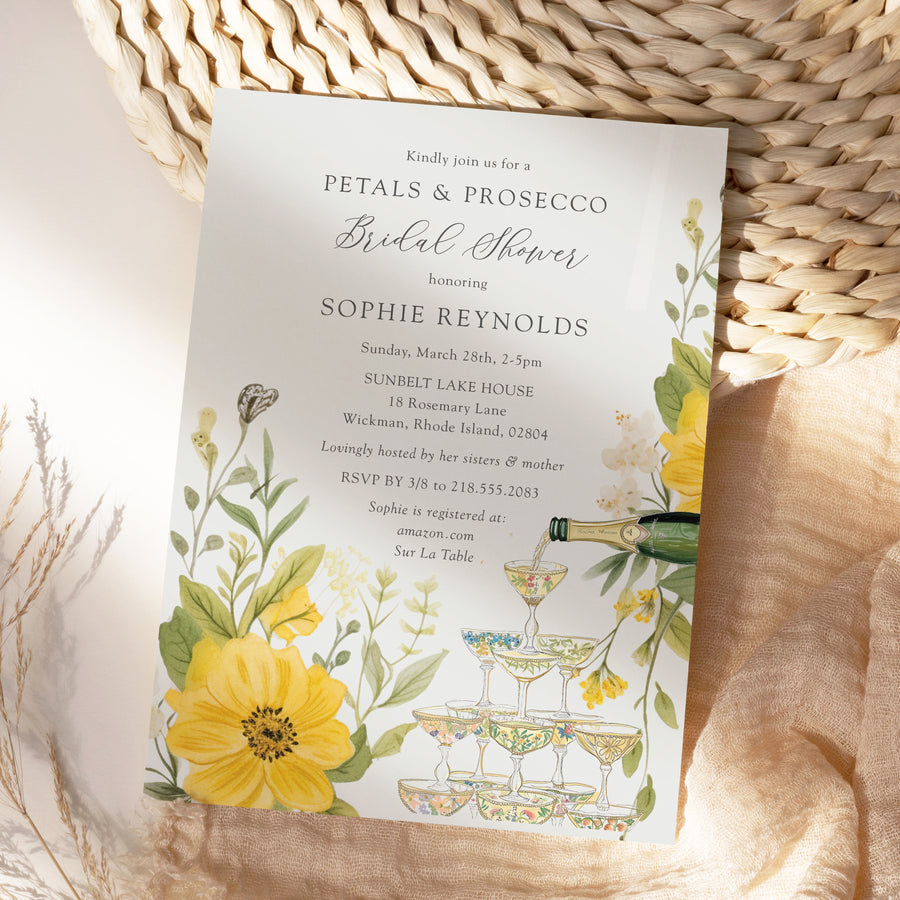 Elegant Petals and Prosecco Bridal Shower Invitation with whimsical yellow wildflowers and pastel greenery, perfect for a garden party theme.