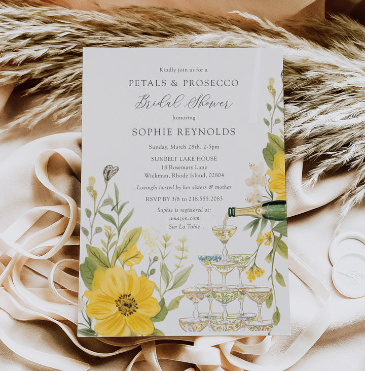 Elegant Petals and Prosecco Bridal Shower Invitation with whimsical yellow wildflowers and pastel greenery, perfect for a garden party theme.