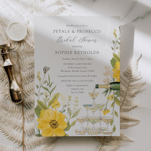 Elegant Petals and Prosecco Bridal Shower Invitation with whimsical yellow wildflowers and pastel greenery, perfect for a garden party theme.