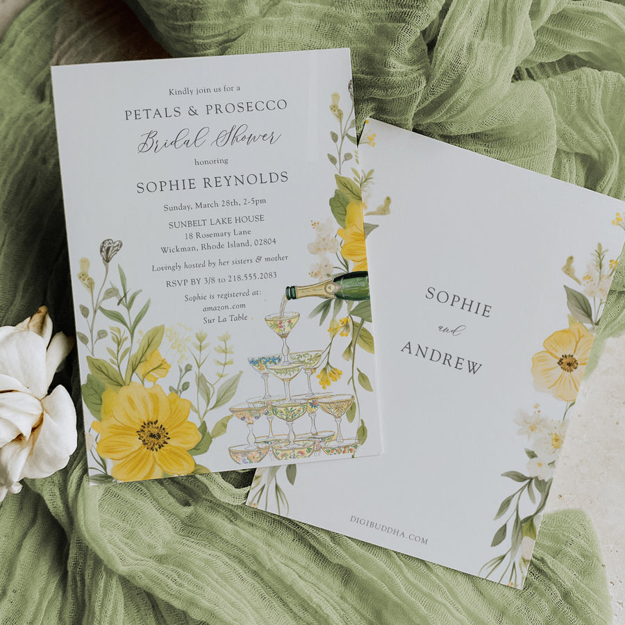 Elegant Petals and Prosecco Bridal Shower Invitation with whimsical yellow wildflowers and pastel greenery, perfect for a garden party theme.