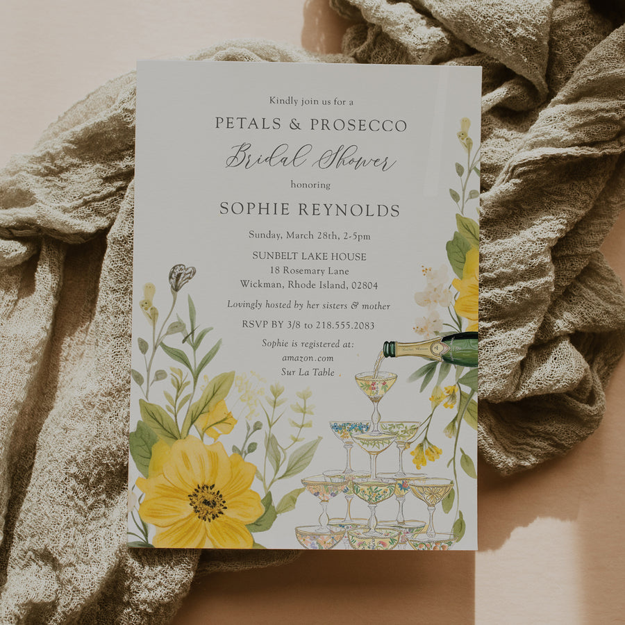 Elegant Petals and Prosecco Bridal Shower Invitation with whimsical yellow wildflowers and pastel greenery, perfect for a garden party theme.