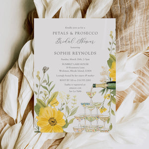 Elegant Petals and Prosecco Bridal Shower Invitation with whimsical yellow wildflowers and pastel greenery, perfect for a garden party theme.