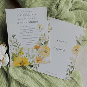 Elegant bridal shower invitation with pastel yellow, sage green, and wildflower watercolor design, perfect for a whimsical garden party theme.