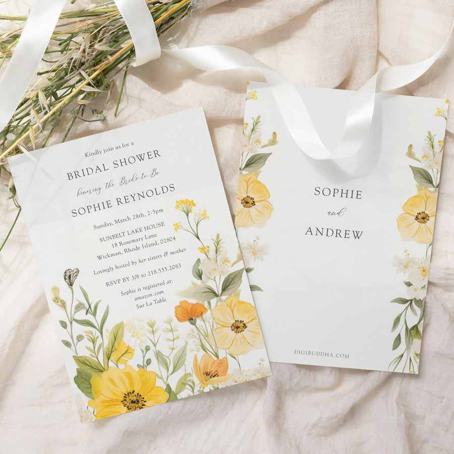 Elegant bridal shower invitation with pastel yellow, sage green, and wildflower watercolor design, perfect for a whimsical garden party theme.