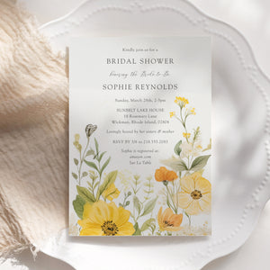 Elegant bridal shower invitation with pastel yellow, sage green, and wildflower watercolor design, perfect for a whimsical garden party theme.