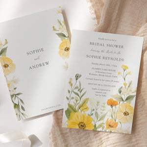 Elegant bridal shower invitation with pastel yellow, sage green, and wildflower watercolor design, perfect for a whimsical garden party theme.