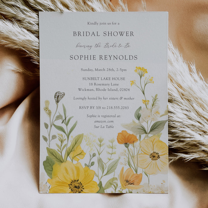 Elegant bridal shower invitation with pastel yellow, sage green, and wildflower watercolor design, perfect for a whimsical garden party theme.