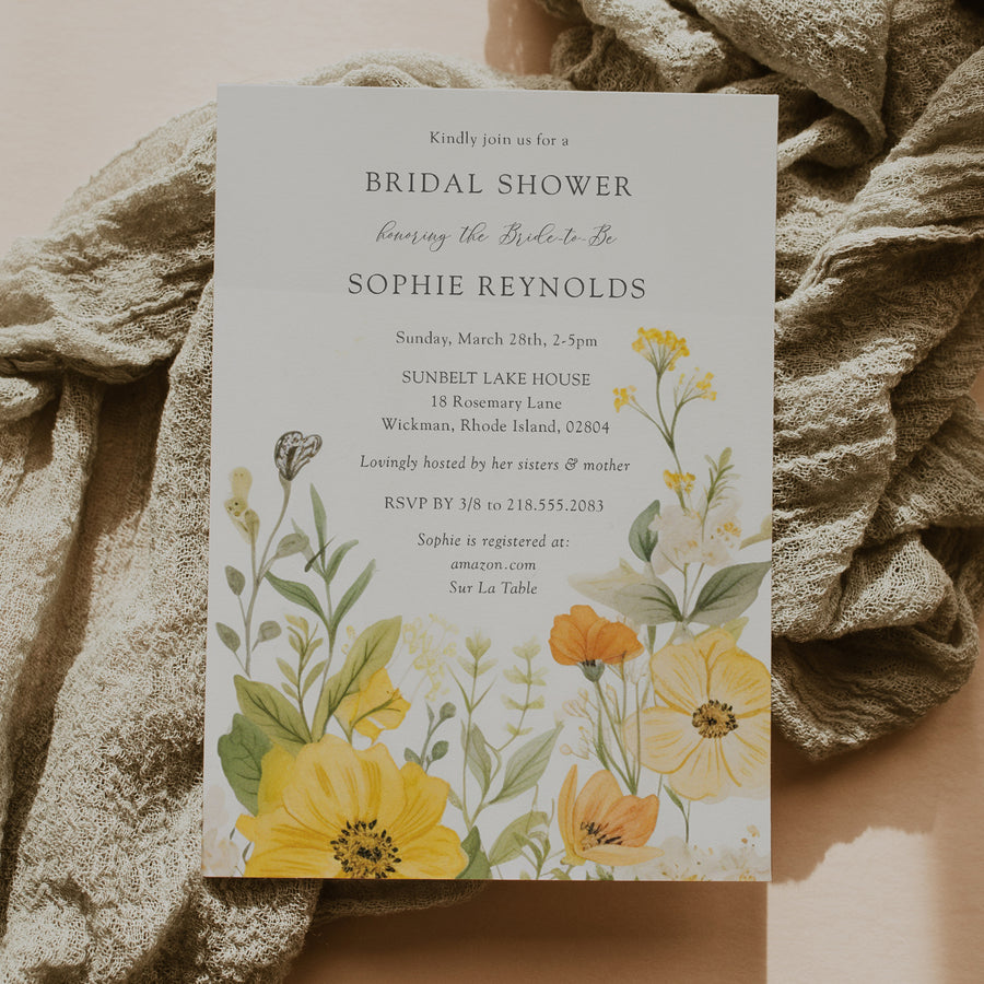 Elegant bridal shower invitation with pastel yellow, sage green, and wildflower watercolor design, perfect for a whimsical garden party theme.