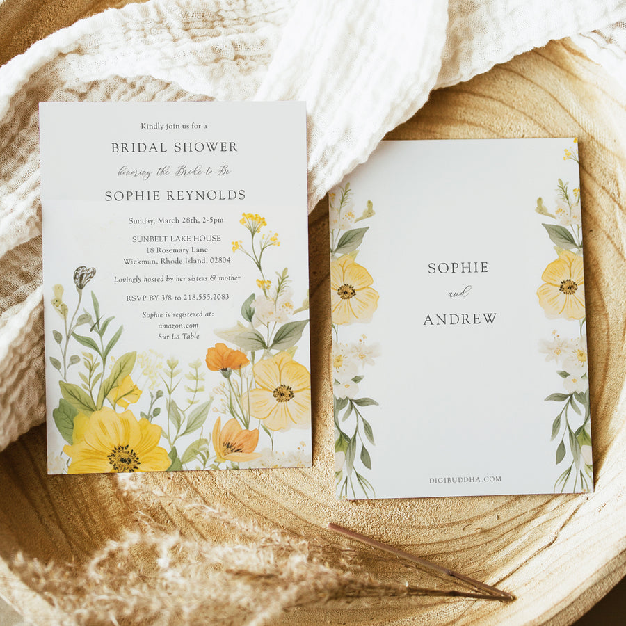 Elegant bridal shower invitation with pastel yellow, sage green, and wildflower watercolor design, perfect for a whimsical garden party theme.