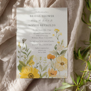 Elegant bridal shower invitation with pastel yellow, sage green, and wildflower watercolor design, perfect for a whimsical garden party theme.