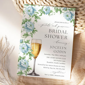 French Blue Petals and Prosecco Bridal Shower Invitation