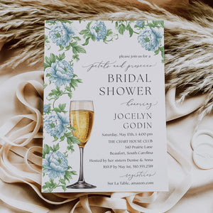 Bridal shower invitation featuring French blue florals and prosecco toast, perfect for a sophisticated garden party