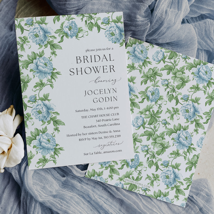 Bridal shower invitation in French blue with Charleston blue floral and sage greenery botanical watercolor designs, for a chic garden party