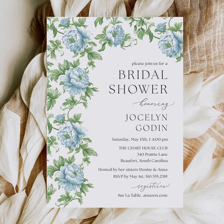 Bridal shower invitation in French blue with Charleston blue floral and sage greenery botanical watercolor designs, for a chic garden party