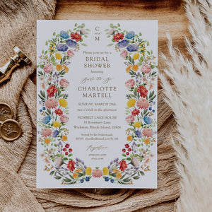 Custom wildflower bridal shower invitation card, elegant and printed, showcasing botanical designs for a sophisticated bridal shower, symbolizing beauty and unforgettable memories.