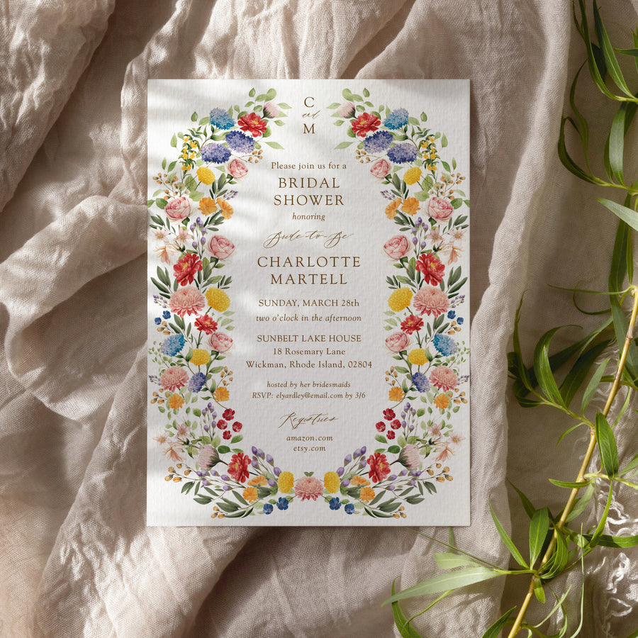 Custom wildflower bridal shower invitation card, elegant and printed, showcasing botanical designs for a sophisticated bridal shower, symbolizing beauty and unforgettable memories.