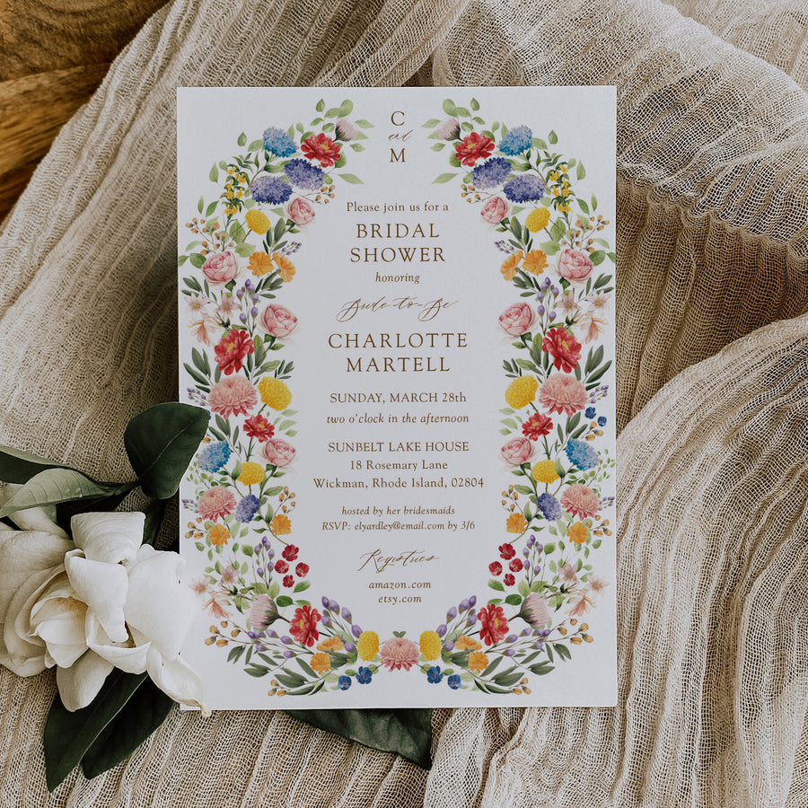 Custom wildflower bridal shower invitation card, elegant and printed, showcasing botanical designs for a sophisticated bridal shower, symbolizing beauty and unforgettable memories.