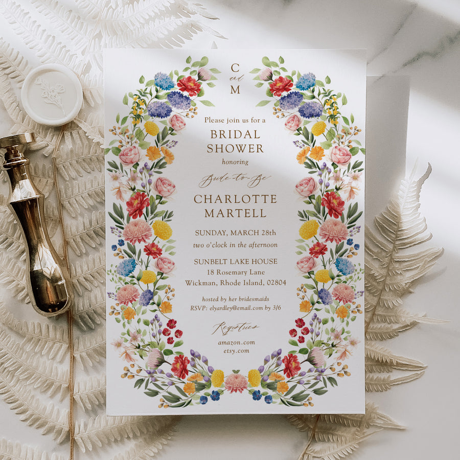 Custom wildflower bridal shower invitation card, elegant and printed, showcasing botanical designs for a sophisticated bridal shower, symbolizing beauty and unforgettable memories.