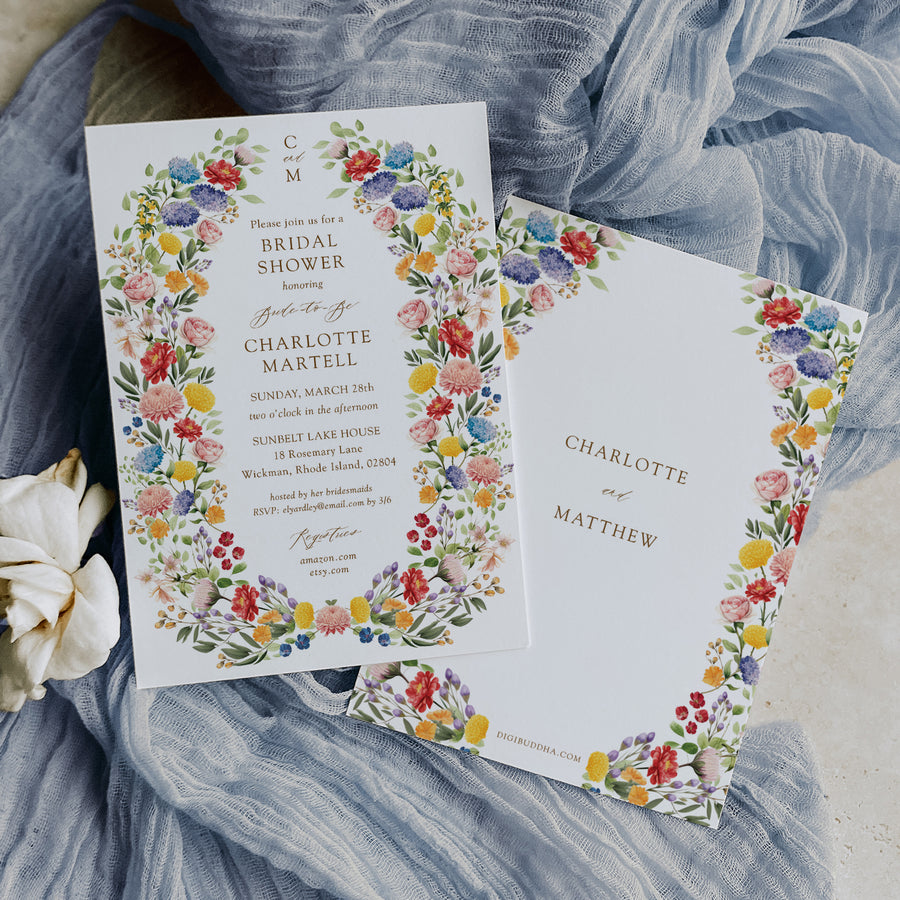 Custom wildflower bridal shower invitation card, elegant and printed, showcasing botanical designs for a sophisticated bridal shower, symbolizing beauty and unforgettable memories.