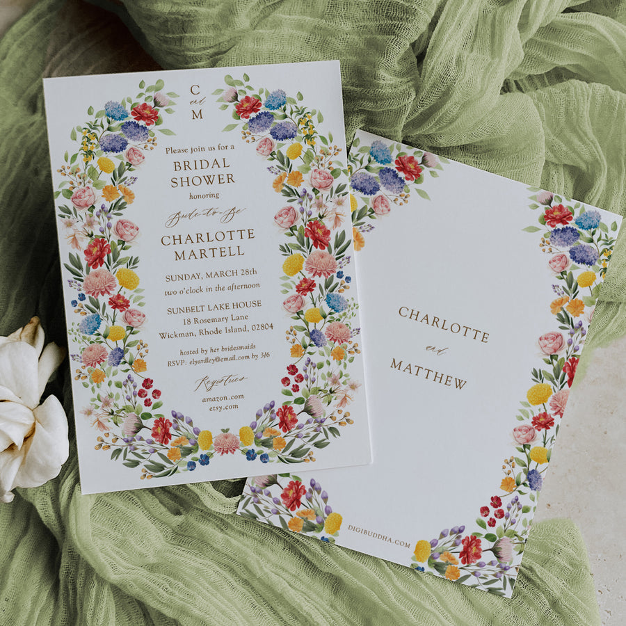 Custom wildflower bridal shower invitation card, elegant and printed, showcasing botanical designs for a sophisticated bridal shower, symbolizing beauty and unforgettable memories.