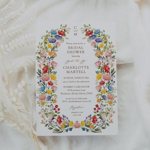 Custom wildflower bridal shower invitation card, elegant and printed, showcasing botanical designs for a sophisticated bridal shower, symbolizing beauty and unforgettable memories.