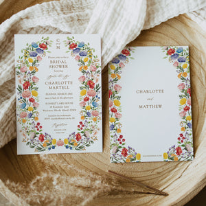 Custom wildflower bridal shower invitation card, elegant and printed, showcasing botanical designs for a sophisticated bridal shower, symbolizing beauty and unforgettable memories.