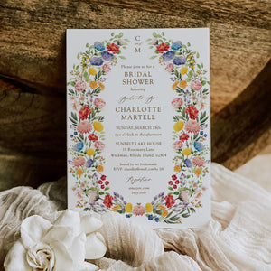 Custom wildflower bridal shower invitation card, elegant and printed, showcasing botanical designs for a sophisticated bridal shower, symbolizing beauty and unforgettable memories.