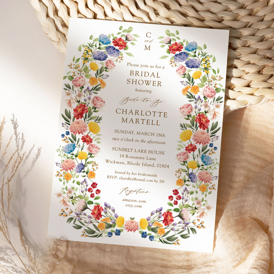 Custom wildflower bridal shower invitation card, elegant and printed, showcasing botanical designs for a sophisticated bridal shower, symbolizing beauty and unforgettable memories.