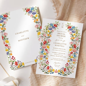 Custom wildflower bridal shower invitation card, elegant and printed, showcasing botanical designs for a sophisticated bridal shower, symbolizing beauty and unforgettable memories.