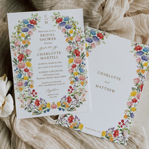 Custom wildflower bridal shower invitation card, elegant and printed, showcasing botanical designs for a sophisticated bridal shower, symbolizing beauty and unforgettable memories.